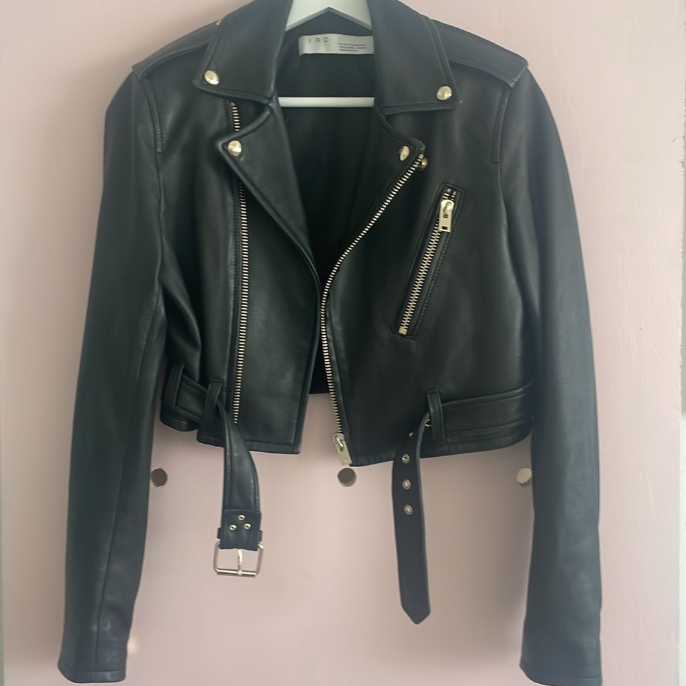 Black leather cropped IRO jacket with gold hardware details size 36